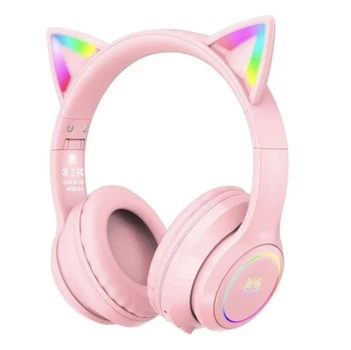 Бездротові ігрові навушники ONIKUMA B90 з RGB підсвіткою та котячими вушками (Рожевий)