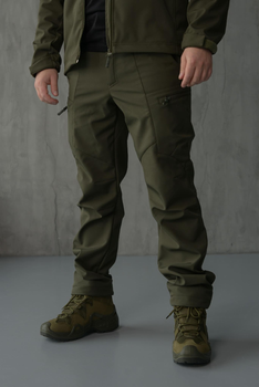 Чоловічі штани SoftShell для НГУ оливковий колір на флісі із високою посадкою / Вітро та водозахисні штани S