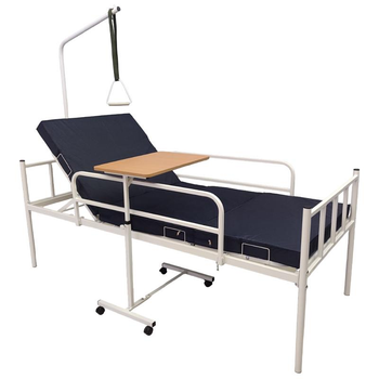 Кровать медицинская механическая функциональная Riberg АНВ-11-04 с зубчатым механизмом подъема с прикроватной трапецией боковыми поручнями матрасом и прикроватным столиком