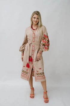 Вишита жіноча сукня Галичанка Килина льон бежевий L