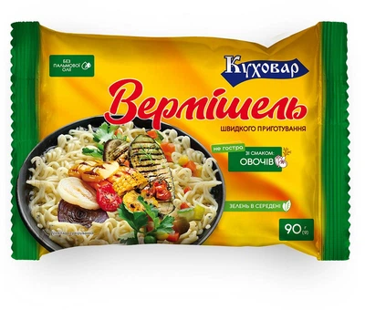 Упаковка вермішелі швидкого приготування Куховар зі смаком овочева легенько-гостренька 90гх48шт