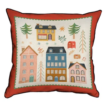 Подушка с мешковины Домики и елки 45x45 см