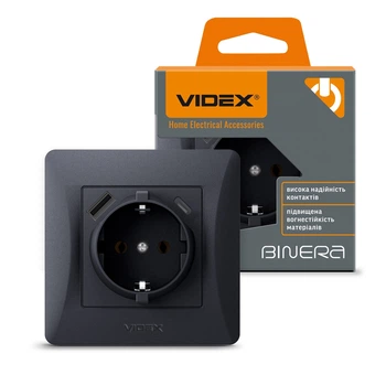 Розетка с USB+USB-C черная VIDEX Binera с заземлением (VF-BNSK1GUC-BG)