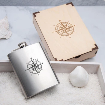 Подарочная фляга "Компас" в деревянной коробке, WOODPRESENT