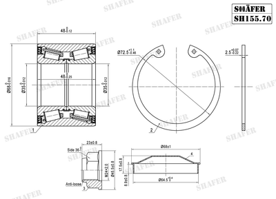 Подшипник задний Renault Trafic, Vivaro, Primastar, 03-(35x48x68), монт. ккт.+ SH155.70K Shafer