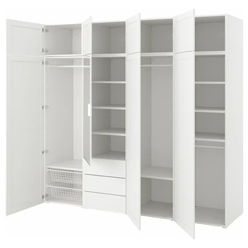 Шкаф 8 дверей + 3 ящика IKEA ОПХУС, белый STRAUMEN зеркальное стекло, САННИДАЛ белый, 240x57x221 см,