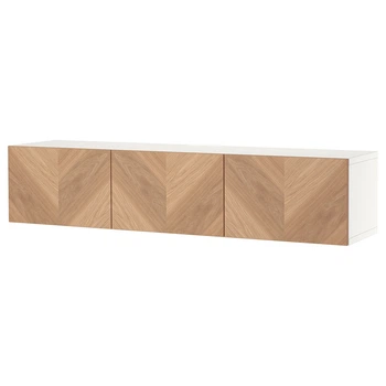 Тумба под ТВ IKEA БЕСТО, с дверцами, белый, Хедевикен парит дуб, 180x42x38 см, 594.217.96