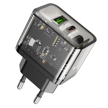 Сетевое зарядное устройство Hoco N34 Dazzling dual-port PD20W+QC3.0 charger (EU) Transparent Black