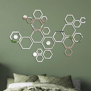 Зеркальная наклейка на стену "Hexagon" - акриловая панель для декора интерьера, самоклеящаяся, 24 шт, серебро (710035)