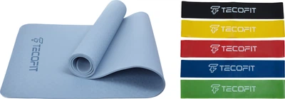 Набор Коврик TECOFIT TPE для йоги и фитнеса 183x61x0.6 см Blue + Набор эспандеров TECOFIT LATEX резинки для фитнеса в виде круга 5 шт