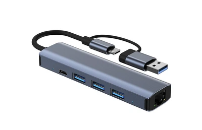 Док-станція Deepfox-2208TU 5 в 2 USB Type-C/Type-A концентратор 5 портів Мережева карта RJ45 Ethernet LAN адаптер 1000 Мбит/с