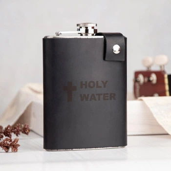 Шкіряна фляга з написом Holy water, сталь, 240 мл, Black, WOODPRESENT