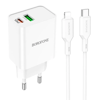 Адаптер сетевой BOROFONE Type-C to Lightning Cable Resource charger BA69A |1USB/1Type-C, 20W/3A, PD/QC| белый