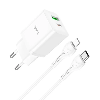 Адаптер сетевой Hoco Type-C to Lightning Cable founder charger set N28 |1USB/1Type-C, 20W/3A, PD/QC| белый