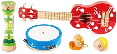 Zestaw instrumentów muzycznych Hape Tamburyn + Marakas + Gitara + Klaskacz (6943478040304)