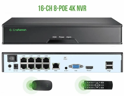 POE NVR IP Відеореєстратор G.Craftsman 8 POE портів 16 каналів 8Мп (4K)