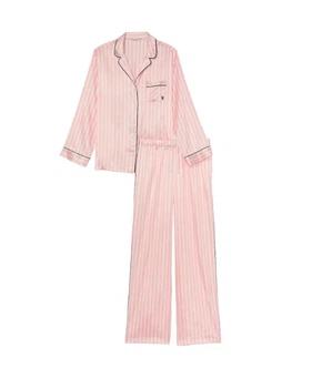 Сатиновая пижама Victoria's Secret (рубашка+штаны) M розовая полоска Satin Long Pajama Set