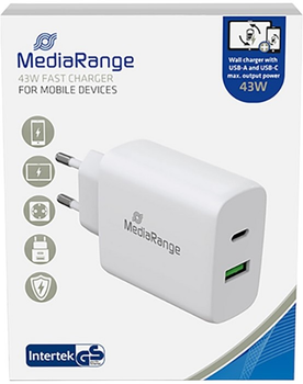 Зарядний пристрій Mediarange USB/USB-C 43W/FAST White (MRMA113)