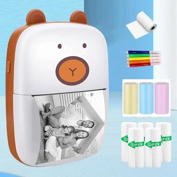 Термопринтер портативний Mini printer Bear +3 рулона клейкого паперу+3 рулона кольорової+фломастеры
