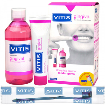 Zestaw Dentaid Vitis Gingival pasta do zębów 100 ml + płyn do płukania 500 ml + szczoteczka do zębów 1 szt (8427426045828)