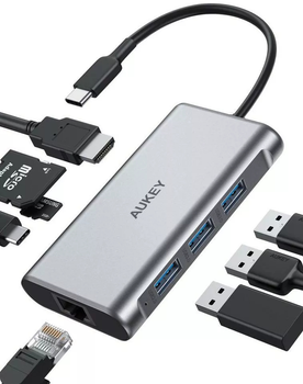Aluminiowy HUB USB-C 8w1 RJ45 Ethernet 10/100/1000Mbps 3xUSB 3.1 HDMI 4k przy 30Hz SD i micro SD USB-C Power Delivery 100W (5902666661678)