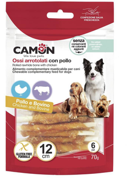 Pałeczki dla psów Camon ze skóry bydlęcej w osłonce z kurczaka 6 szt 70 g (8019808158365)