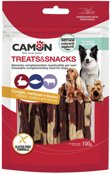 Ласощі для собак Camon Treats and Snacks Смужки з кролика тріски та коров'ячої шкіри 100 г (8019808218700)