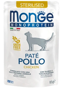 Консервированный корм Monge Cat Adult Pate Chicken Sterilized – влажный монопротеиновый корм с курицей для взрослых стерилизованных кошек (паштет) 85 г (70013710)