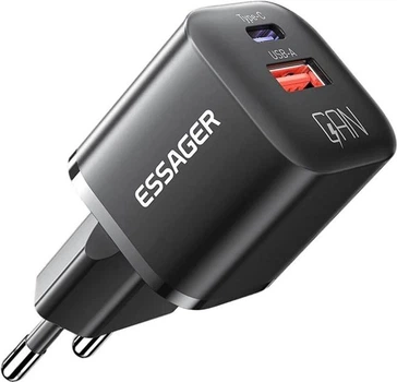 Зарядний пристрій Essager Camber 20W GaN Travel Phone Charger USB A + Type C EU Black (ECTAC-HMB01-P)
