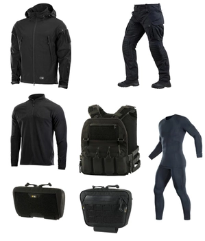 M-tac комплект Black куртка, штаны с тактическими наколенниками, термобельё, плитоноска, подсумки 3XL