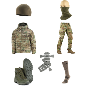 M-tac комплект куртка, штани з тактичними наколінниками, черевики, шапка, бафф Мультикам S