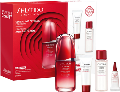 Zestaw do pielęgnacji twarzy Shiseido Global Age Defense Infusing Koncentrat do twarzy 50 ml + Oczyszczająca pianka do twarzy 15 ml + Płyn zmiękczający do skóry normalnej i mieszanej 30 ml + Koncentrat do skóry wokół oczu 3 ml (3423222094638)