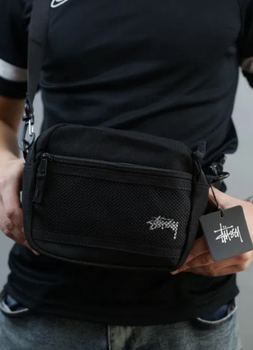 Барсетка чоловіча спортивна сумка-месенджер крос-боді stussy стусі з кишенею з сітки чорний (AN)32089
