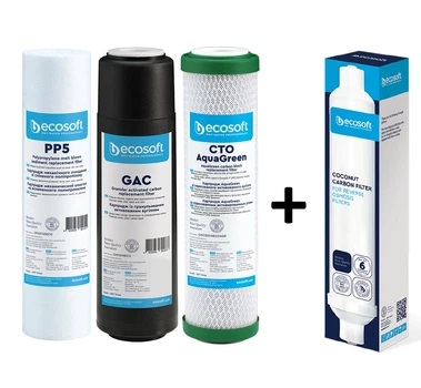 Улучшенный комплект картриджей Ecosoft 1-2-3 для фильтров обратного осмоса с функцией экономии воды (CHV3ECOAGR) + постфильтр Ecosoft