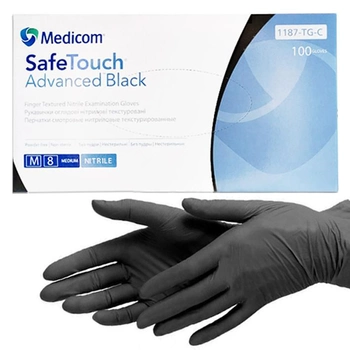 Нітрилові рукавички Medicom, щільність 3.5 г. - SafeTouch Advanced Black - Чорні (100 шт) M (7-8)