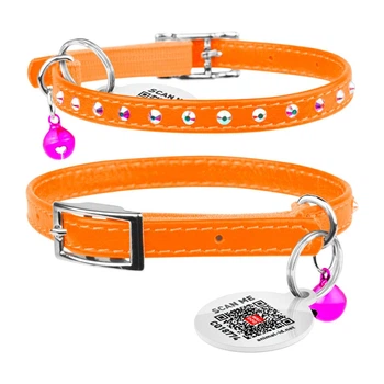 Ошейник "WAUDOG GLAMOUR" с резинкой, клеевыми стразами, для кошек (ширина 9мм, длина 22-30см) оранжевый