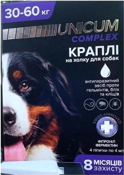 Капли от блох, клещей и гельминтов на холку Unicum Complex для собак 30-60 кг (4820150207342)