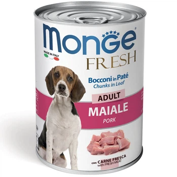 Консервированный корм Monge Fresh Dog Adult Pork – консервированный корм со свининой для взрослых собак всех пород (кусочки в паштете) 400 г (70014465)