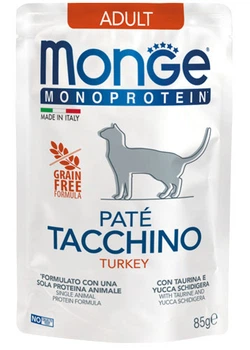 Консервированный корм Monge Cat Adult Pate Turkey – влажный монопротеиновый корм из индейки для взрослых кошек (паштет) 85 г (70013734)
