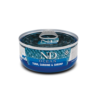 Консервований корм Farmina N&D Grain Free Ocean Cat Tuna, Sardine & Shrimp Беззерновий вологий корм з тунцем, сардиною та креветкою для дорослих котів 70 г (179460)