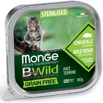Консервированный корм Monge Cat Wet BWild Grain Free Wild Boar Sterilized - консервированный беззерновой корм из мяса дикого кабана для стерилизованных кошек (паштет) 100 г (70012904)