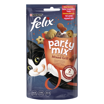 Лакомства Purina Felix Party Mix Grill mix Лакомство для взрослых кошек со вкусом курицы, говядины и лосося 60 г (7613287631404)