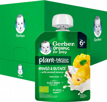 Упаковка фруктового пюре Gerber Organic с манго, айвой и кокосовым муссом для детей с 6 месяцев 80 г x 7 шт (8445290773388)