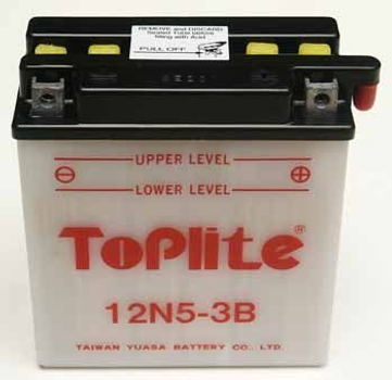 12V,5,3Ah,д. 121, ш. 61, в.131, об'єм 0,45, вага 2 кг, без електроліту CCA 39 TOPLITE 12N5-3B