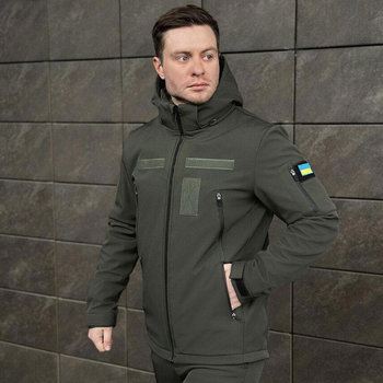 Демисезонная Куртка Soft Shell со съемным капюшоном и липучками + Подарок шеврон "Флаг Украины" хаки размер M