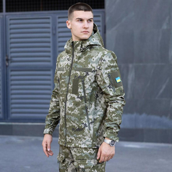 Чоловіча Куртка Soft Shell зі знімним капюшоном + Подарунок Шеврон "Прапор України" піксель розмір M