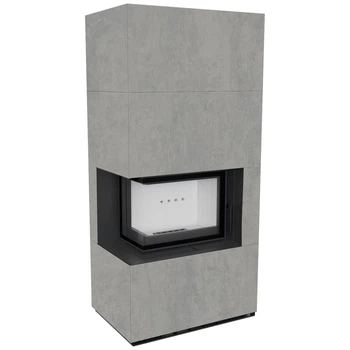 Камінна топка Kratki FLOKI BOX лівий 8 kW Ø 160 в обудові з керамограніту CEMENTO GRIGIO BOCCIARDATA