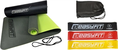 Набор Коврик для йоги и фитнеса EasyFit EF-1924s-BG TPE+TC ECO-Friendly двухслойный каремат в чехле 6 мм Темно-зеленый с салатовым (56002570) + Резинки EasyFit для фитнеса набор из 3 шт EF-1812 (56002832)