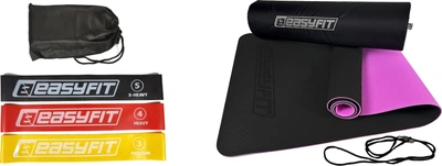 Набор Резинки EasyFit для фитнеса набор из 3 шт EF-1812 (56002832) + Коврик для йоги и фитнеса EasyFit EF-1924s-BV TPE+TC ECO-Friendly двухслойный каремат в чехле 6 мм Черный с фиолетовым (56002550)