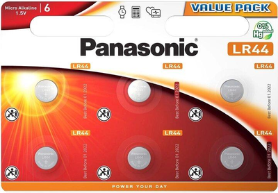 Батарейки Panasonic лужні LR44 (A76, AG13, G13A, PX76, GP76A, RW82) блістер 6 шт. (LR-44EL/6B)